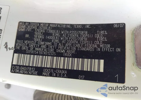 2007 Toyota Tundra Sr5 из США, поврежденный, VIN 5TFRT54197X012325